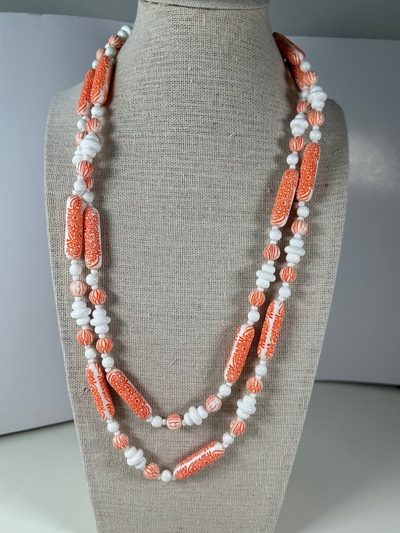 Vintage Orange and White Ornate Long Beaded Neckla