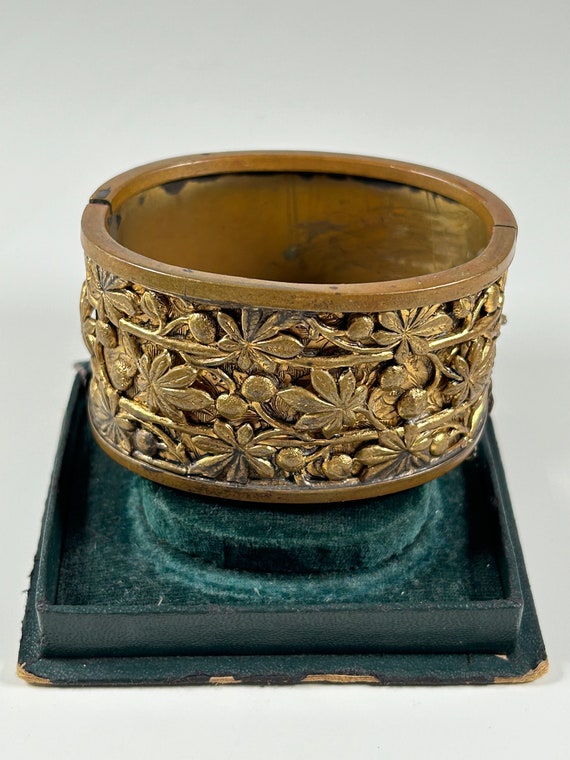 Antique Brass Repousse Wide Hinged Bangle Bracelet