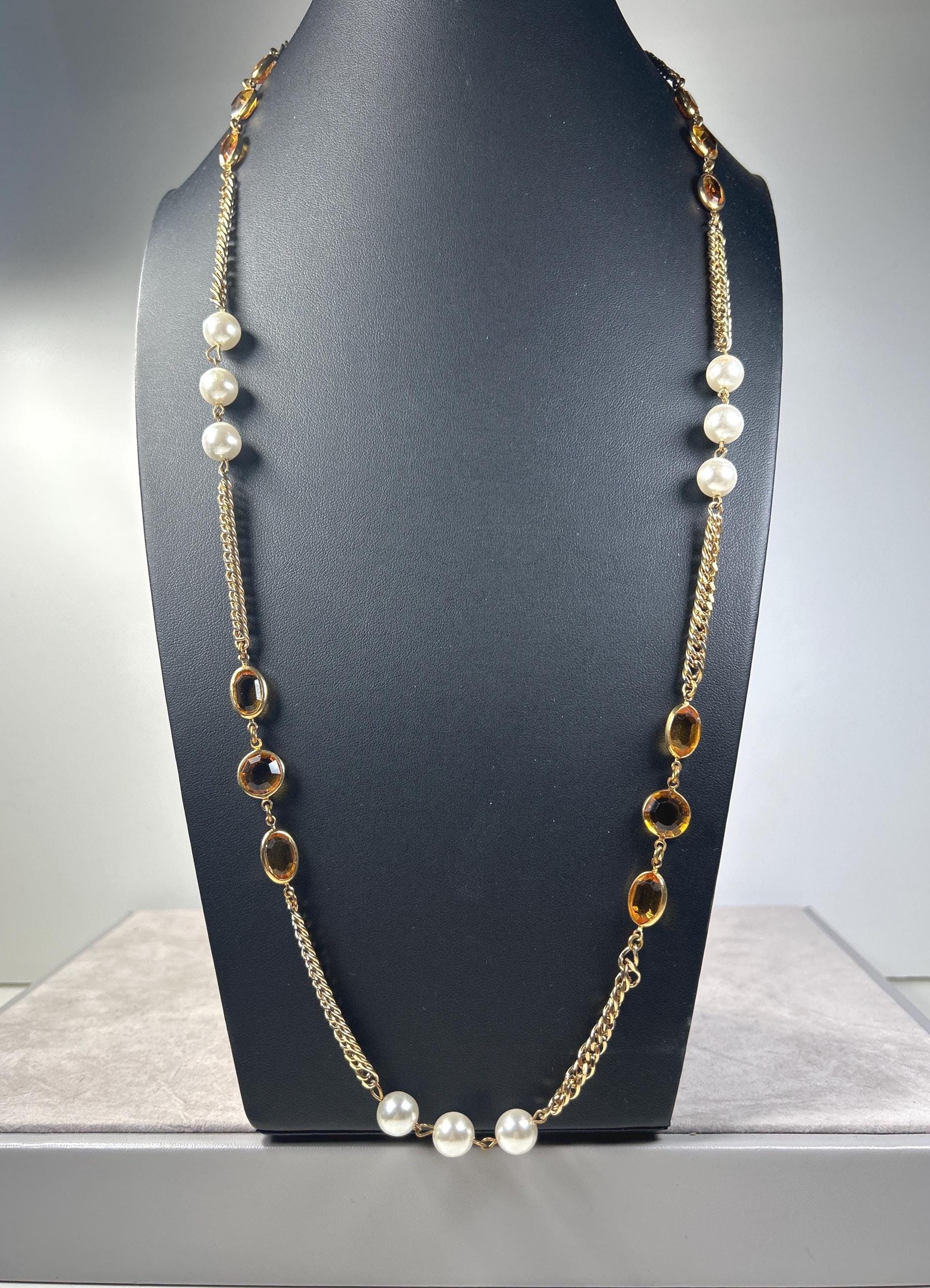 Vintage Miriam Haskell 30 Inch Beaded Amber Bezel and Faux Pearl