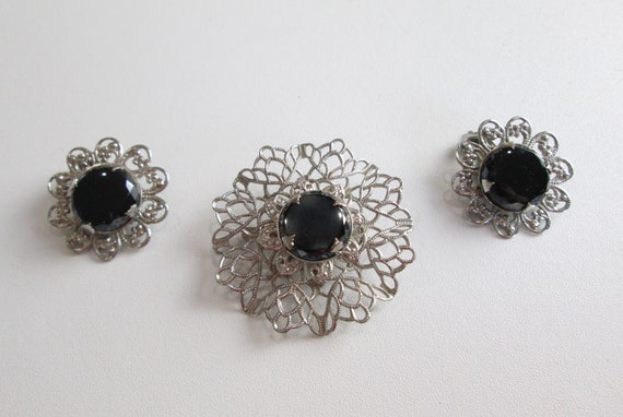 Vintage Silver Filagree Flower Brooch and Earring… - image 1