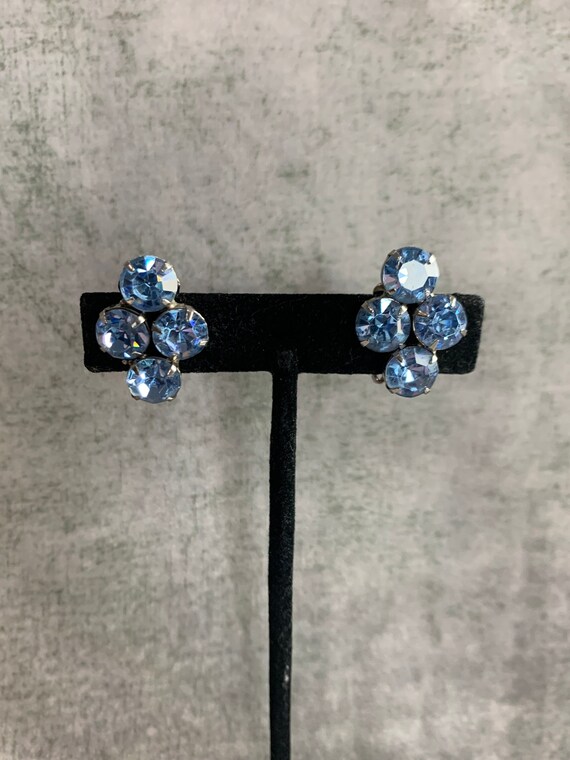 Vintage Blue Rhinestone Cluster Clip On Earrings