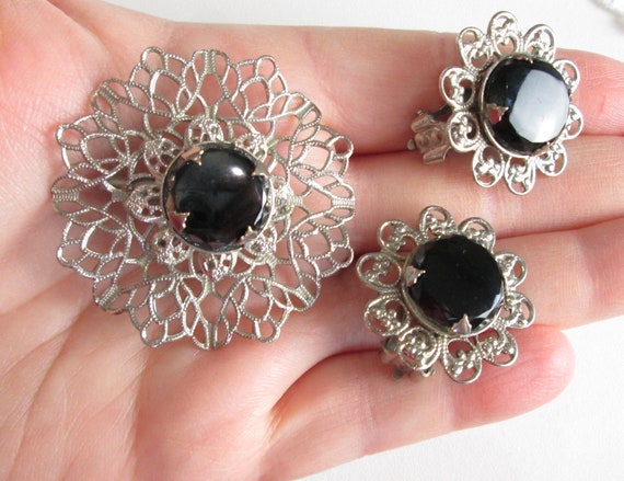 Vintage Silver Filagree Flower Brooch and Earring… - image 4
