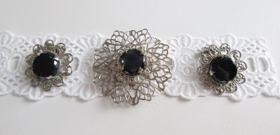 Vintage Silver Filagree Flower Brooch and Earring… - image 2