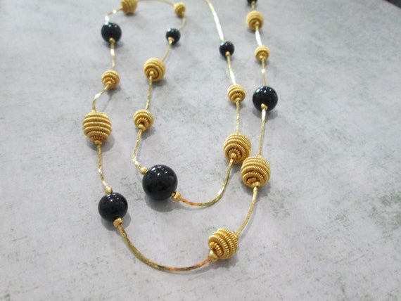 Vintage Trifari Gold and Black Beaded Long Neckla… - image 1