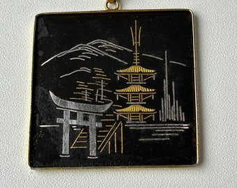 Vintage Amita Japan Damascene Pagoda Black and Gold Tone Pendant