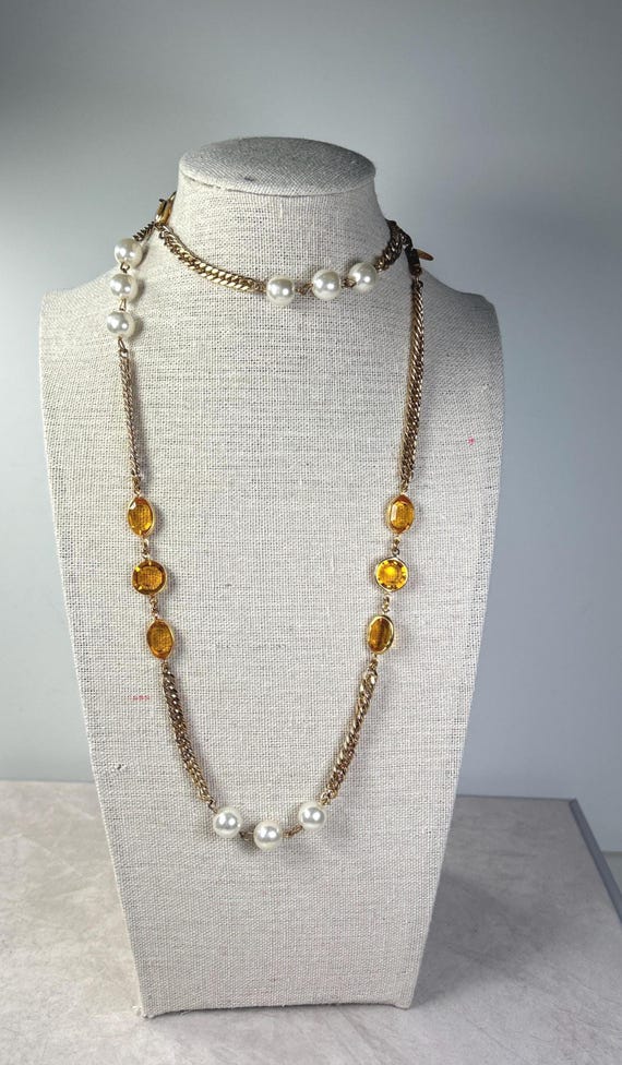 Vintage Miriam Haskell 30 Inch Beaded Amber Bezel and Faux Pearl