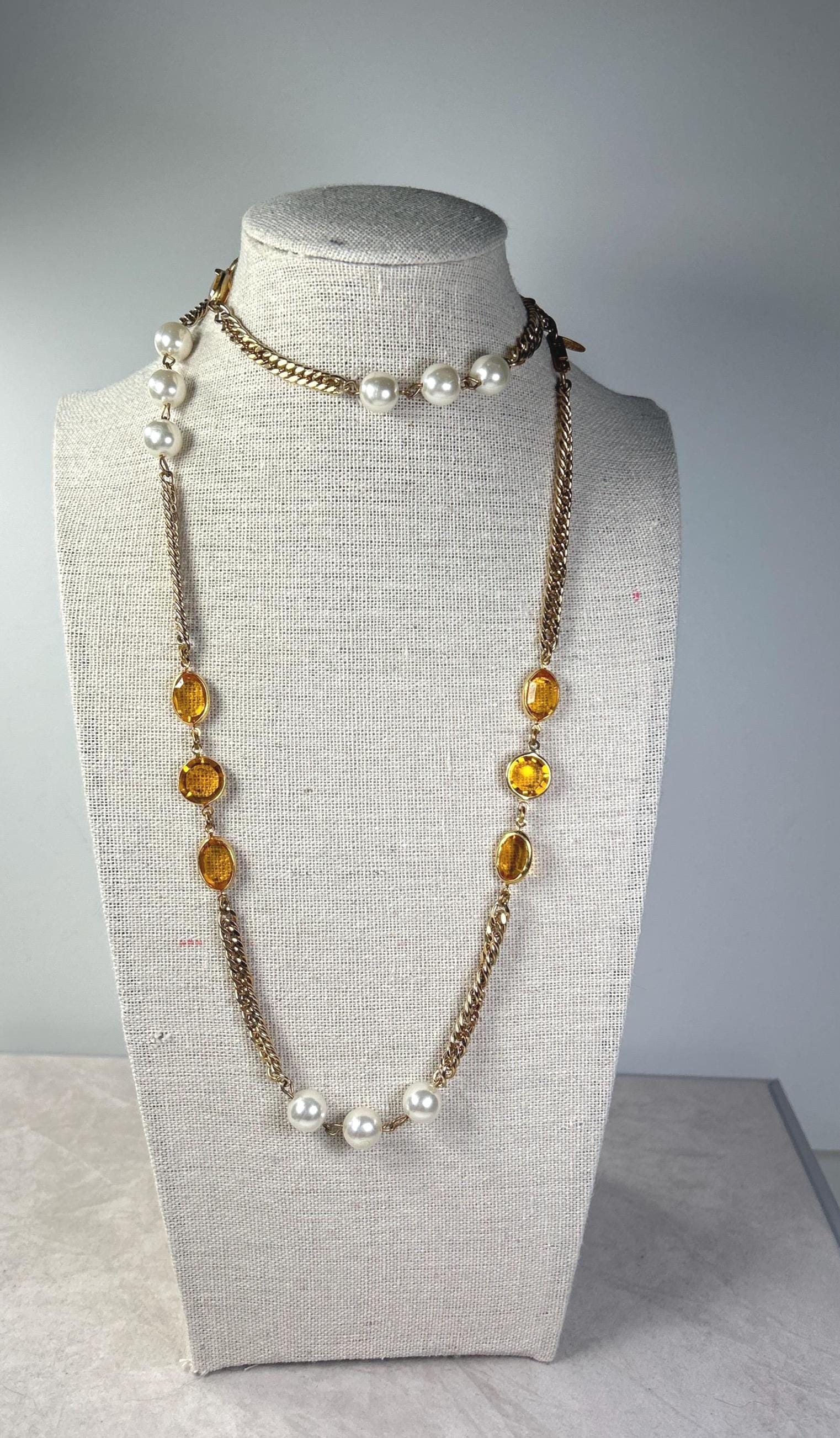 希少Miriam　haskellビンテージブレス Vintage Miriam Haskell 30 Inch Beaded Amber Bezel and Faux Pearl