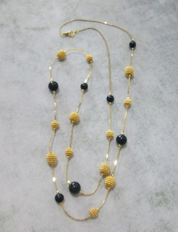 Vintage Trifari Gold and Black Beaded Long Neckla… - image 2