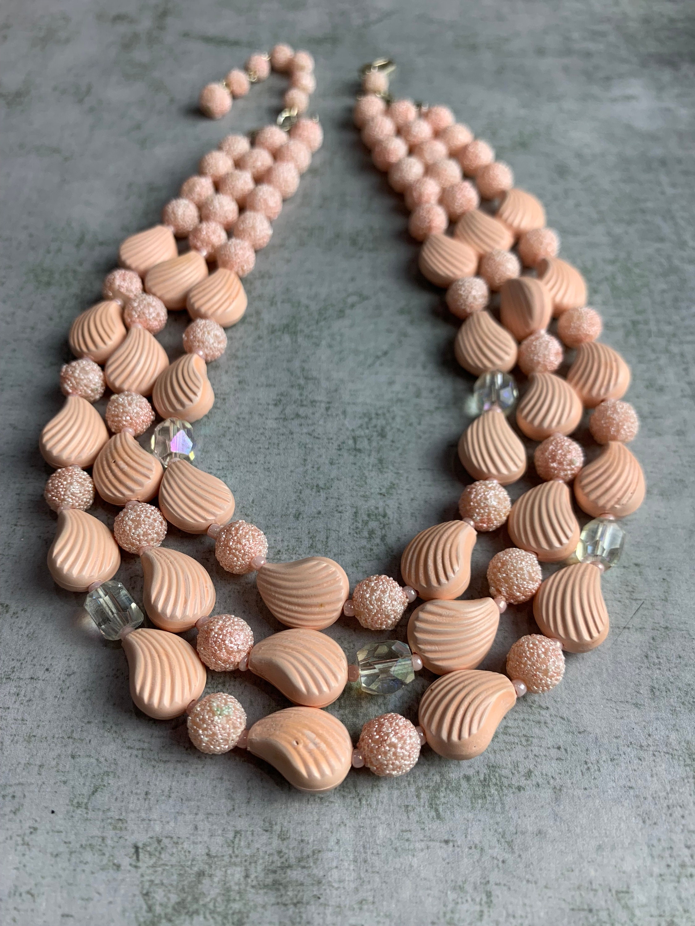 Vintage Japan Pale Pink Three Strand Sugared Beaded Necklace