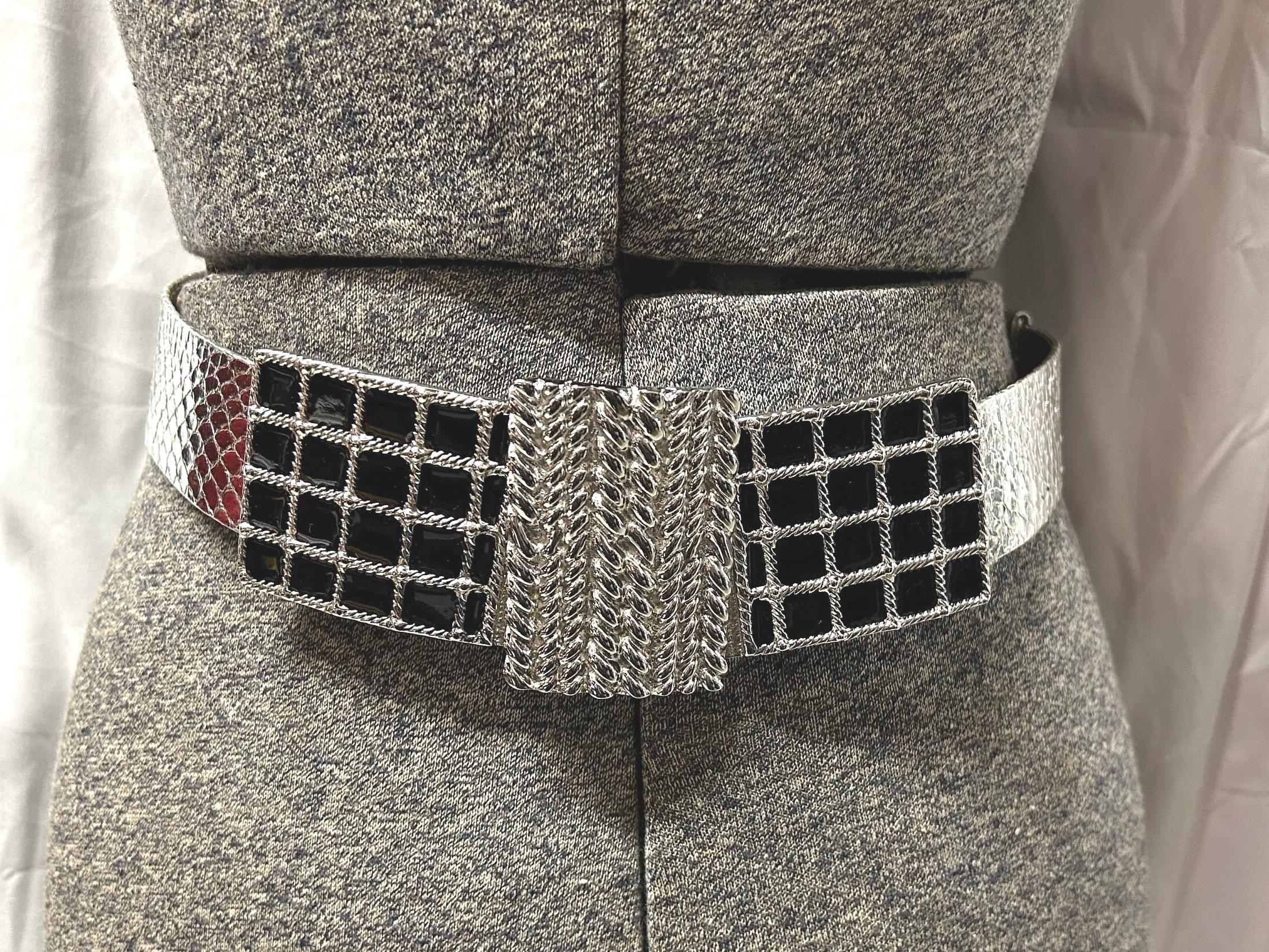 Vintage Alexis Kirk Silver Tone Belt: Black Enamel Buckle 