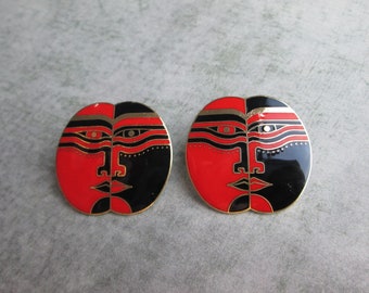 Vintage Signed Laurel Burch Red and Black Moon God Post Earrings