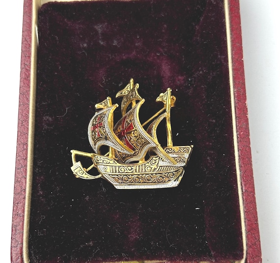 Vintage Spanish Damascene Ship Brooch