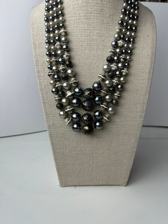Vintage Japan Four Strand Grey and Pearl Beaded N… - image 4