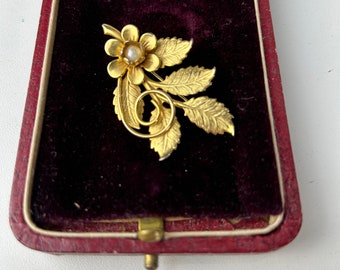 Vintage Repousse Floral and Pearl Gold Brooch