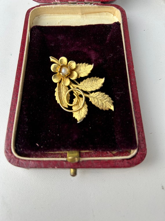 Vintage Repousse Floral and Pearl Gold Brooch