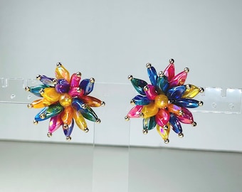 Colorful Vintage Aurora Borealis Rainbow Flower Clip On Earrings