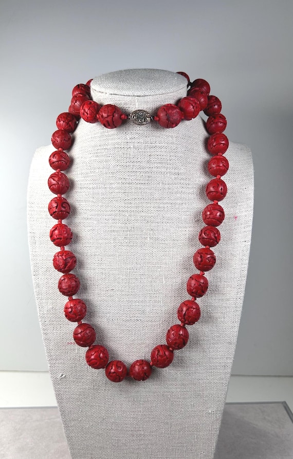 Vintage Red Carved Cinnabar Beaded Necklace