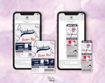 May include: Digital baseball-themed invitations and tickets displayed on smartphones. The invitations feature the Yankees logo, baseballs, and text that reads "Batter Up!" and "Home Run." The tickets have a baseball design and event details.