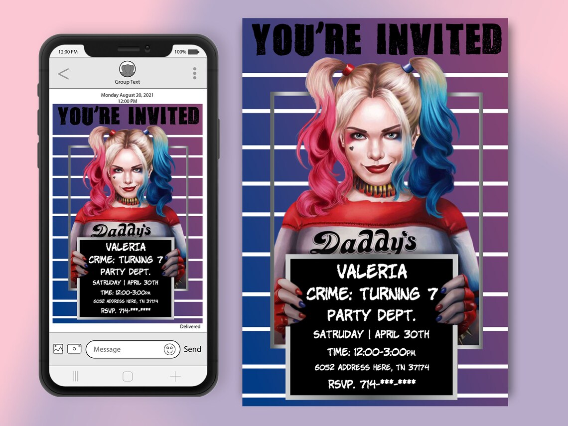 Harley Quinn Digital Birthday Invitation | E Invite | Digital Invite ...