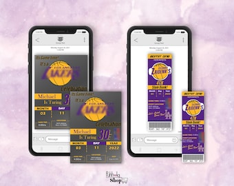 May include: Two printable invitations for a basketball-themed birthday party. The invitations feature a purple and gold basketball ticket design with the text "Celebrate Zaidenn's 4th Slam Dunk!" and a purple and gold basketball with the text "Los Angeles Lakers".