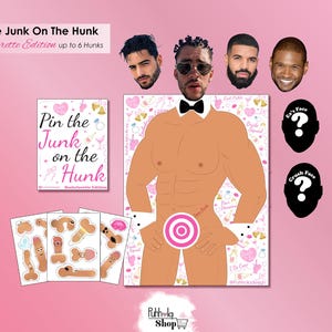 May include: A Pin the Junk on the Hunk bachelorette party game set featuring a large poster of a muscular figure in a bowtie, a game instruction card, six cut-out phallic shapes, and four celebrity head cut-outs plus two question mark faces.