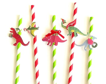 Festive Dinosaur Merry Christmas Paper Straws - Set of 10 Paper Straws - Xmas Table Decor - Christmas Party Decor - Christmas Tablescape