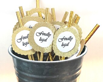 21st 18th Birthday Party Decor - Finally Legal Straws - Set of 12 Paper Straws - Gold Straws - Gold Glitter - Birthday Decorations - Legal