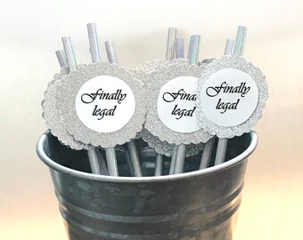 21st 18th Birthday Party Decor - Finally Legal Straws - Set of 12 Paper Straws - Silver Straws - Silver Glitter - Birthday Decorations