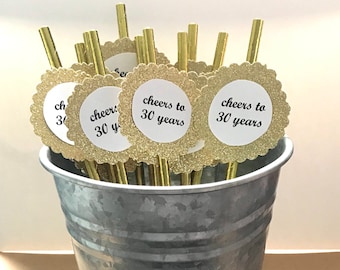 30th Birthday Decorations - Cheers to 30 Years Straws - 30th Birthday - Set of 12 Paper Straws - Gold Straws - Gold Glitter - 30th