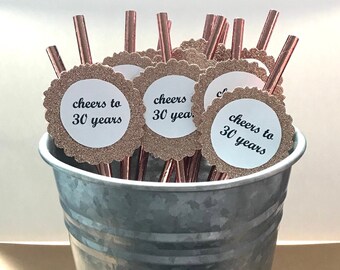 30th Birthday Decorations - Cheers to 30 Years Straws - 30th Birthday - Set of 12 Paper Straws - Rose Gold Straws - Rose Gold Glitter - 30th