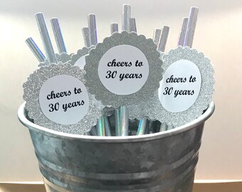 30th Birthday Decorations - Cheers to 30 Years Straws - 30th Birthday - Set of 12 Paper Straws - Silver Straws - Silver Glitter - 30th