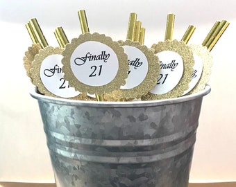21st Birthday Party Decor - Finally 21 -  21st Birthday Decorations - Set of 12 Paper Straws - Gold Straws - Gold Glitter - 21