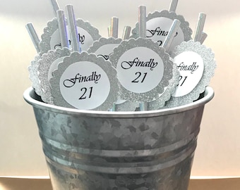 21st Birthday Party Decor - Finally 21 -  21st Birthday Decorations - Set of 12 Paper Straws - Silver Straws - Silver Glitter - 21
