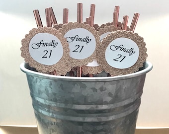21st Birthday Party Decor - Finally 21 -  21st Birthday Decorations - Set of 12 Paper Straws - Rose Gold Straws - Rose Gold Glitter