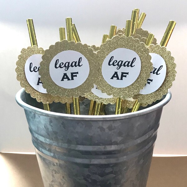 21st 18th Birthday Party Decor - Legal AF - Legal AF Straws - Set of 12 Paper Straws - Gold Straws - Gold Glitter - Birthday Decorations