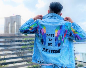 Personalized Wings Drawing Denim Jacket, Clothes For Men Blue Jean Outfit, Acrylic Paint  Blue Jean Jacket, Hand Painted Customized Jacket