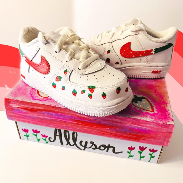 Nike Force Handbemalte Schuhe, Custom Schuhe Baby Erdbeere Diy Schuhe, Acrylfarbe Kunst Personalisiere Schuhe für Babys, Handgemachte Snickers