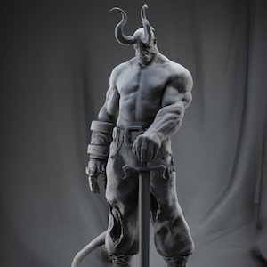 May include: A gray, detailed, sculpted figure of a demon with horns, a sword, and a base of skulls.