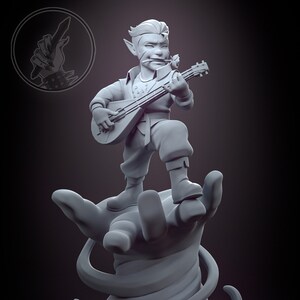 May include: A gray 3D printed figurine of an elf playing a lute, standing on a swirling, gray, hand-shaped base. The elf has pointed ears, a beard, and is wearing a tunic and pants. The base is textured and has a swirling design.