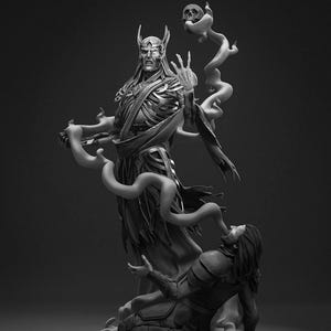 May include: A grayscale sculpture of a skeletal figure with a crown, robes, and outstretched arms, seemingly conjuring smoke-like forms. A kneeling figure below is connected to the smoke. The sculpture is on a tiered base, evoking a fantasy or gothic theme.