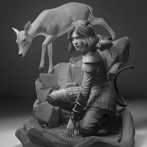 May include: A grayscale sculpture of a kneeling figure with pointed ears, clad in armor, and a deer standing behind them. The sculpture is set on a rocky base with a curved tail extending from the figure's back.