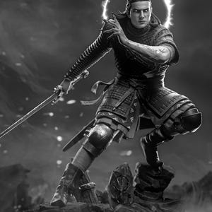 May include: A black and white figurine of a warrior in chainmail and plate armor, holding a sword in a dynamic stance. The figure features a glowing circular halo behind the head, glowing eyes, and intricate markings on the forearms, standing on a rocky base.