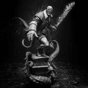 May include: A black and white figurine of a demon with a sword and a tentacled base. The demon is wearing a long coat and has a horned helmet.
