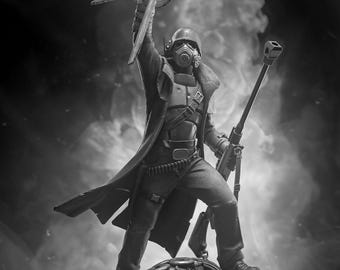 May include: A black and white figurine of a soldier wearing a gas mask, helmet, and long coat, holding a rifle and a tattered flag with a star and bear emblem that reads NEW CALIFORNIA. The soldier stands atop a pile of discarded armor pieces.