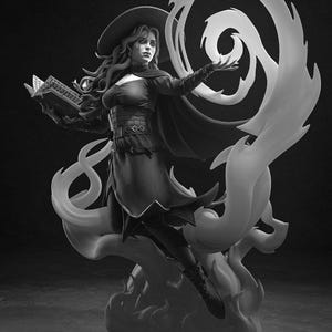 May include: A grayscale sculpture of a woman in a witch costume, holding a book and conjuring energy. She wears a hat, cape, and dress, with swirling energy effects. The statue is detailed and dynamic, with a dark background.