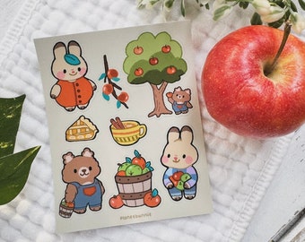 Apple Orchard Sticker Sheet - Cute Bunny and Bear - Vinyl - Laptop Decal