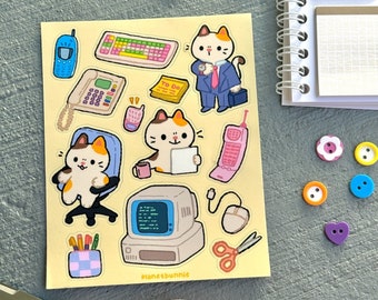 Office Cat Sticker Sheet - Water Proof - Vinyl - Laptop Decal