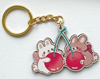 Cherry Bunnies Wooden Keychain