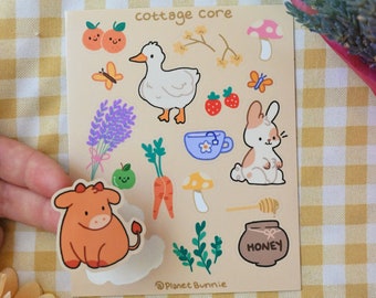 Summer Cute Cottagecore Sticker Sheet - Duck, Bunny, Cow, flowers, fruits and mushrooms - Cottage Core Aesthetic Accessory