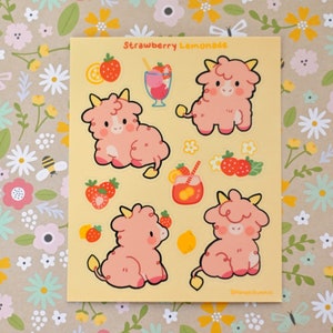 Strawberry Lemonade Cow - Cute Highland Cow Sticker Sheet -